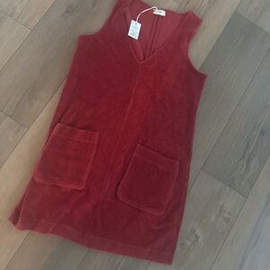 Red Corduroy Sleeveless Dress with Pockets